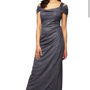 Cold Shoulder Glitter Mesh Dress with Draped Skirt & Cowl Neckline Alex Evenings